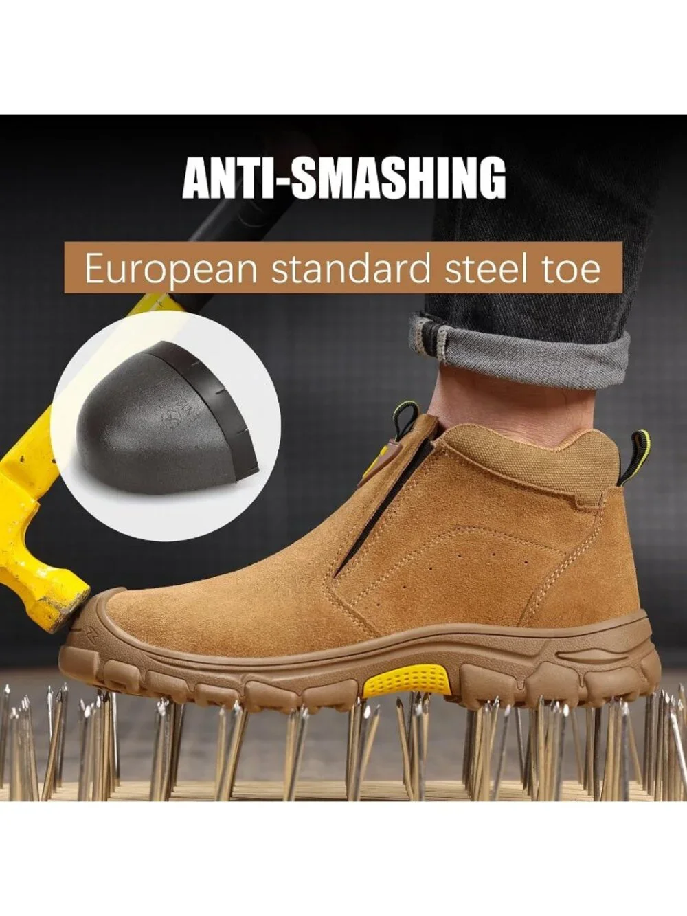 Men's Brown Fireproof Shoes Casual Steel Toe Mid Top Slip On Jobsite Work Boots